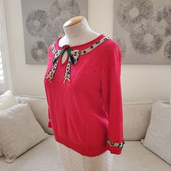 Collective Works Of Berek 2 Embellished Mistletoe Bow 3/4 Sleeve Sweater sz Med - Picture 4 of 10